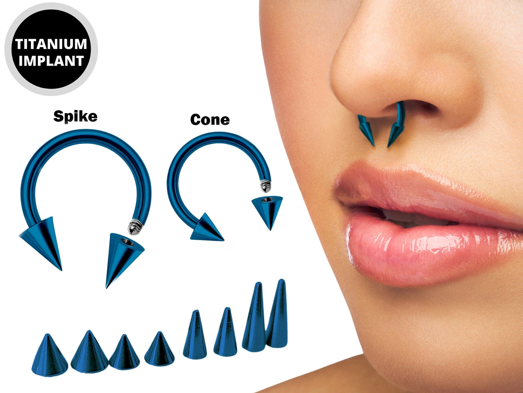 Teal Blue Spike Horseshoe Ring Piercing 18g 16g 14g Cone Titanium Septum Jewelry Bull Piercing Also for Nipple, PA Ring and Lips