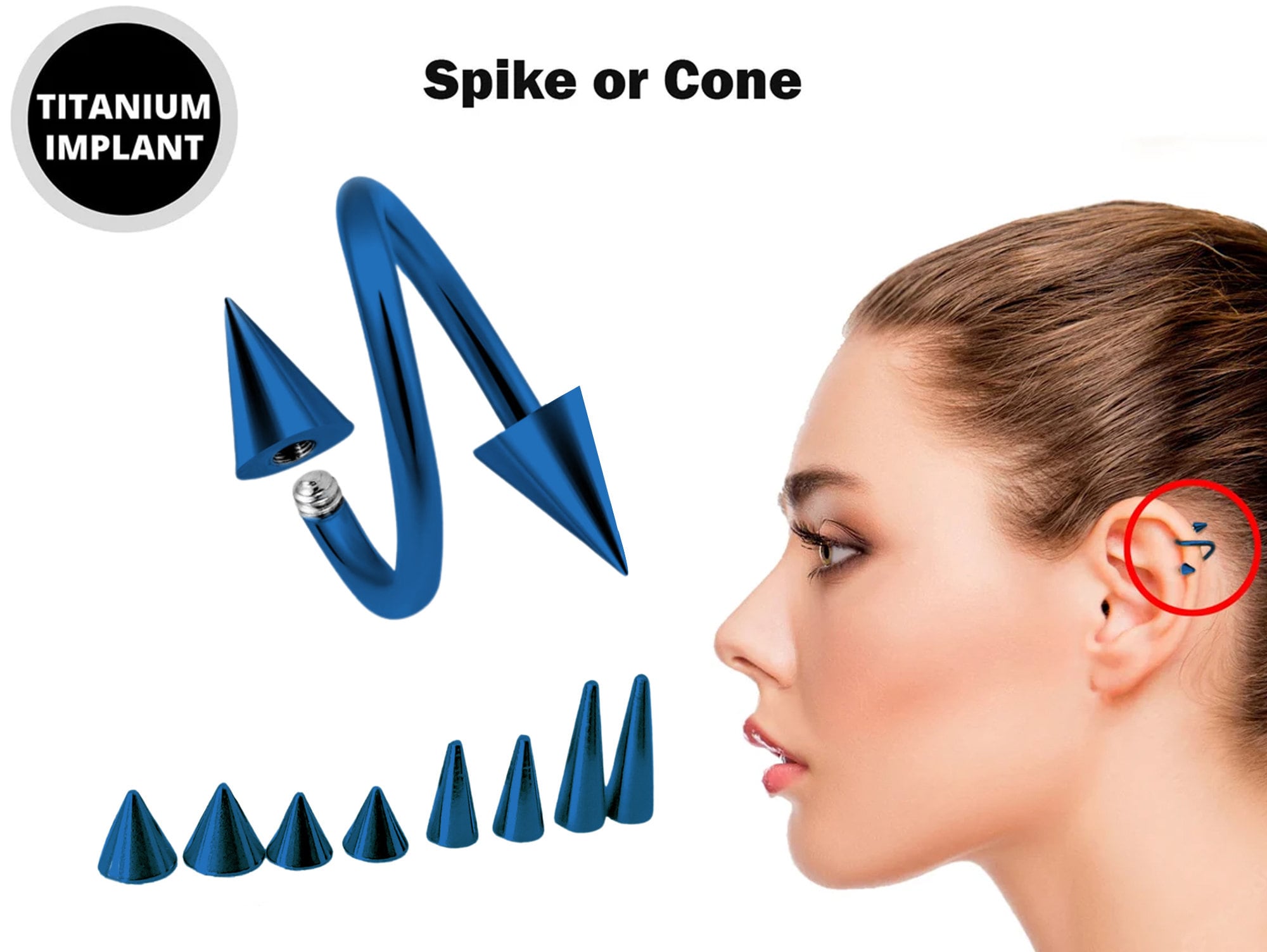 Spike Spiral Helix Piercing - 18g 16g 14g Titanium Teal Blue Twisted Barbell Ear Piercing, Cartilage Ring, Lip Ring, Belly Ring