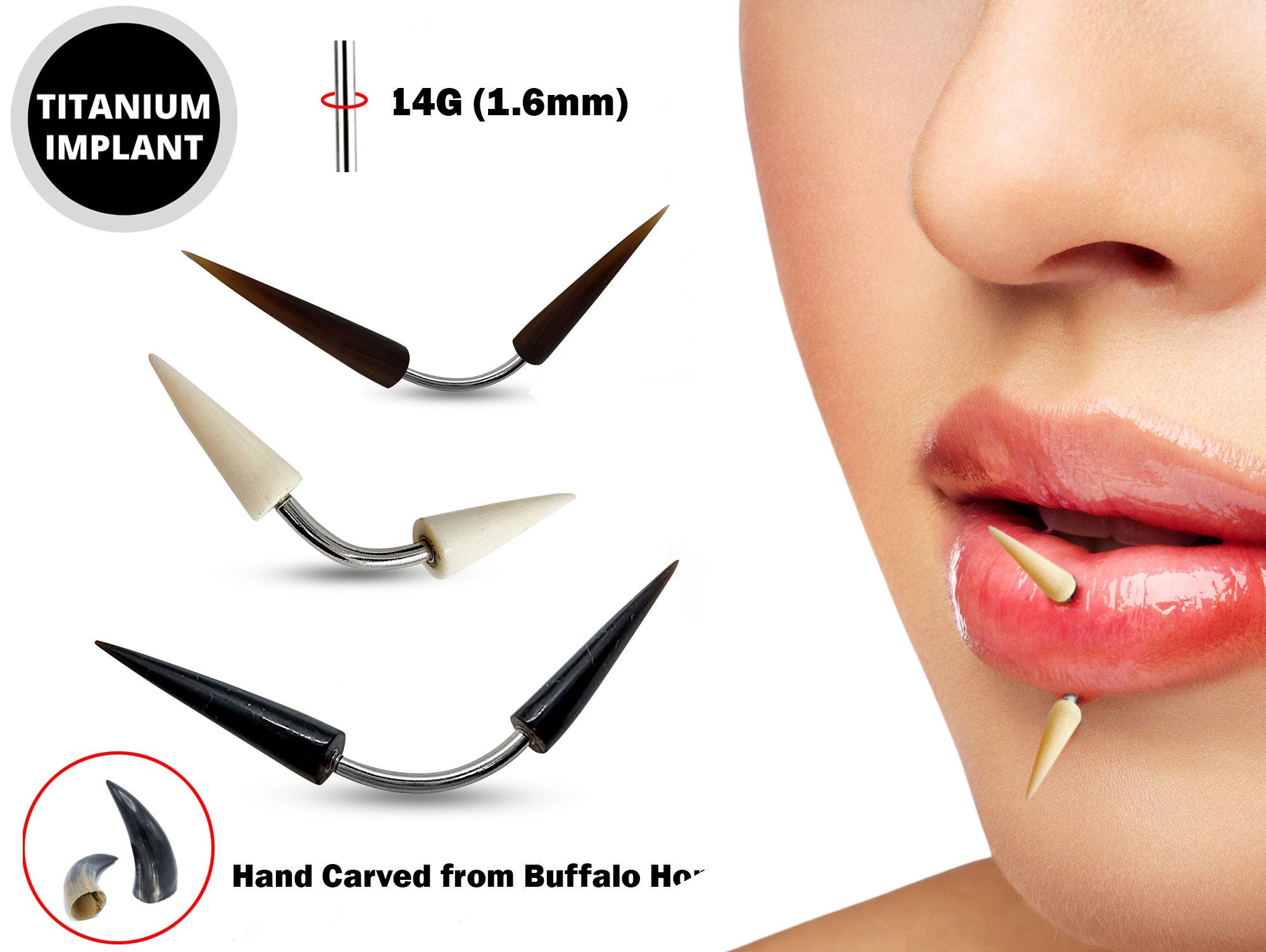 Spike Vertical Labret Piercing 14G Titanium Curved Bar Hand carved from Buffalo Horn and very light weight - Long Spike