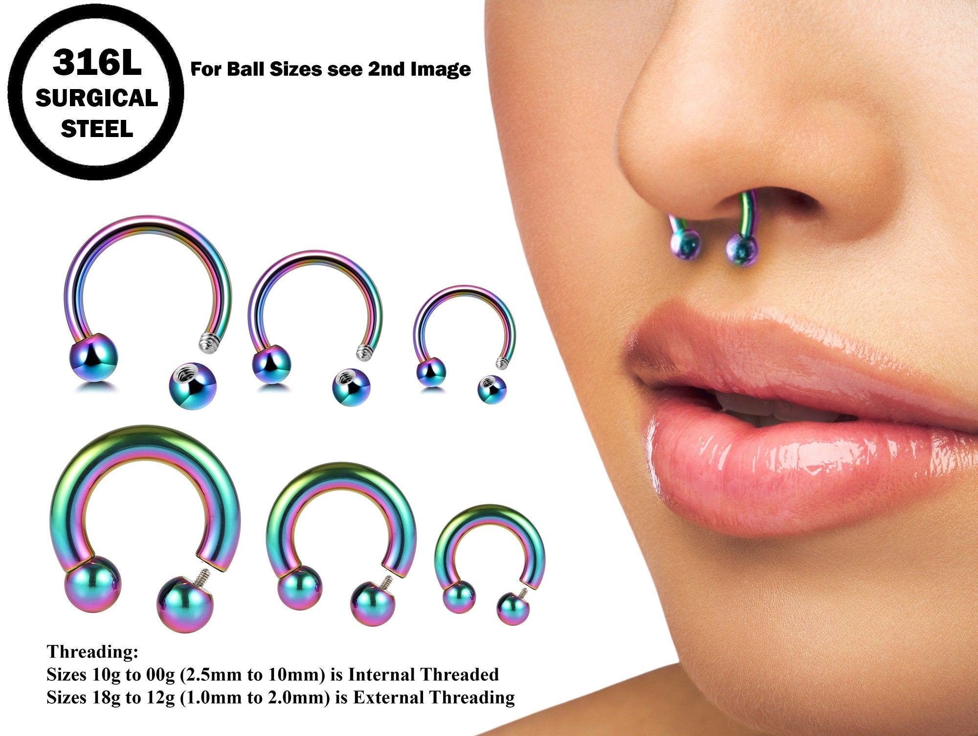 Horseshoe Ring Piercing 18g to 00g Rainbow Septum Jewelry Bull Piercing Also for Nipple, PA Ring, Lips Internal / External Threaded