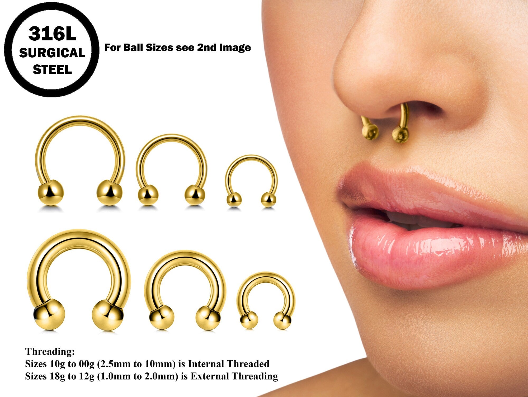 Horseshoe Ring Piercing 18g to 00g Gold Septum Jewelry Bull Piercing Also for Nipple, PA Ring, Lips - Internal or External Threaded