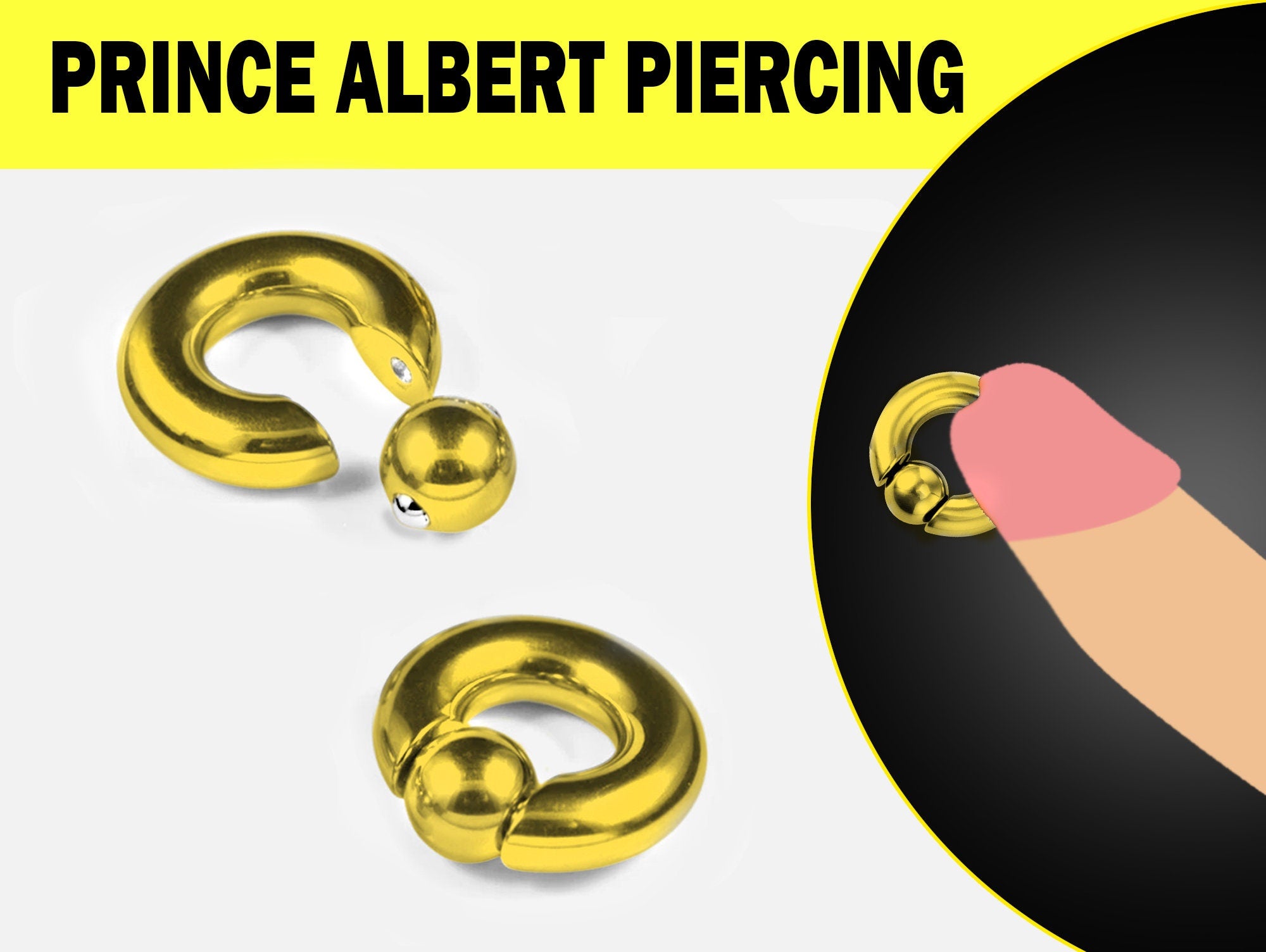 Gold Prince Albert Piercing, Prince Albert Jewelry, PA Ring - Captive Bead Ring, Captive Prince 8G to 00G with Spring Ball Closure