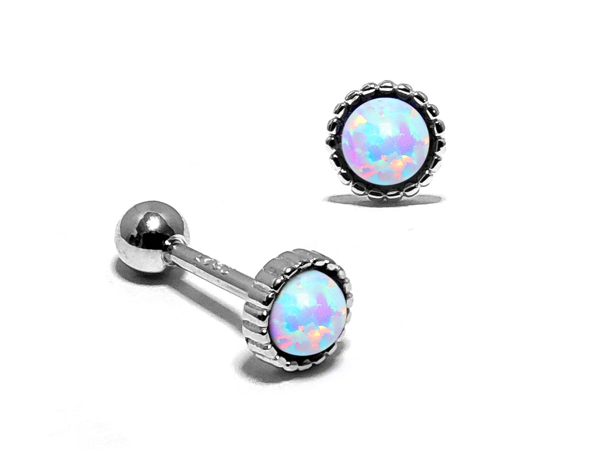 Silver Cartilage Earring, Helix Earring with Opal Stone - 20G Ear Piercing Screw Back- Helix Piercing Jewellery