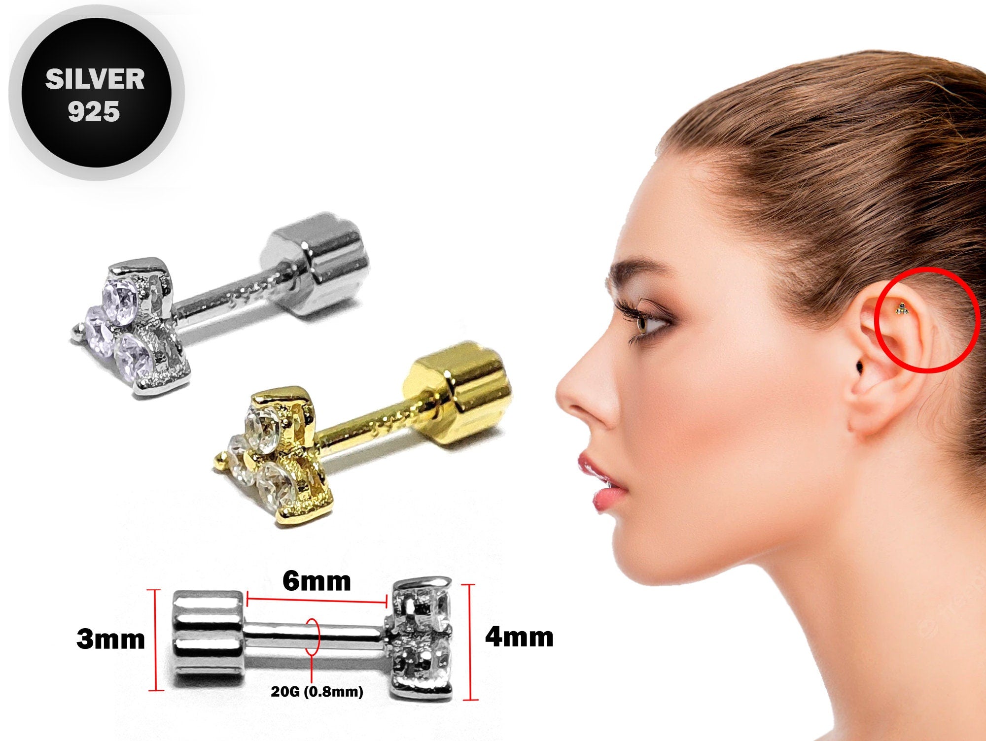 Silver Helix Flower Earring, Cartilage Piercing with CZ Clear Crystals- 20G Ear Piercing Screw Back- Helix Piercing Jewellery