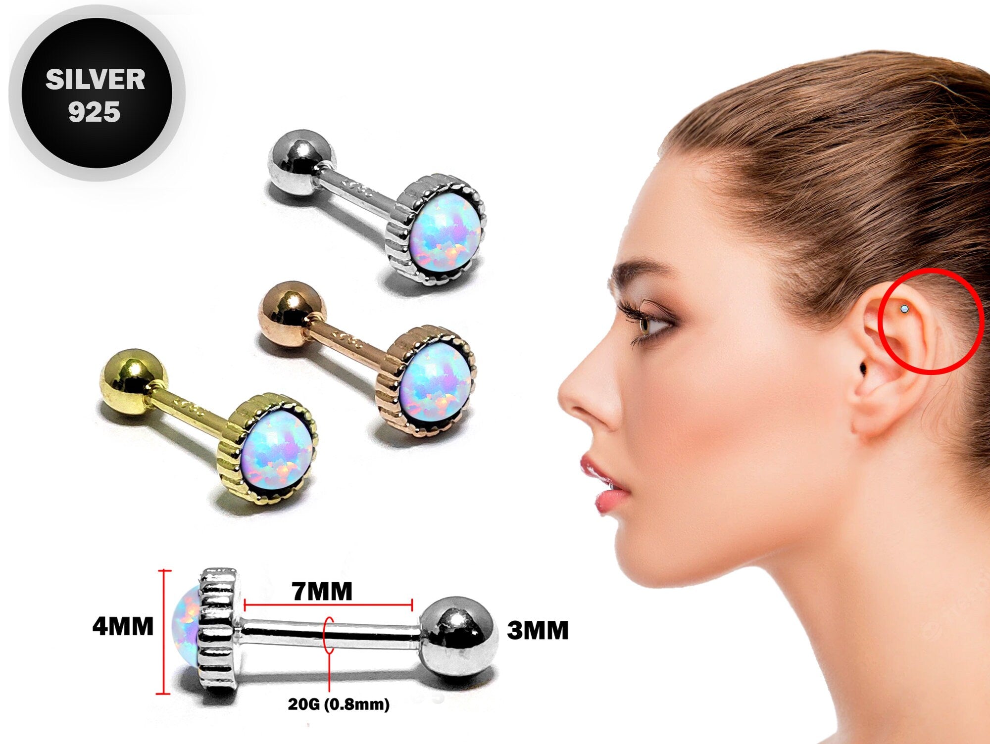 Silver Cartilage Earring, Helix Earring with Opal Stone - 20G Ear Piercing Screw Back- Helix Piercing Jewellery