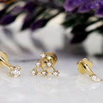 14K Gold Round Labret Stud, Helix Barbell, Tragus Earring Prong Set with CZ Stone Crystals Internally Threading Body Jewellery Ear Piercing