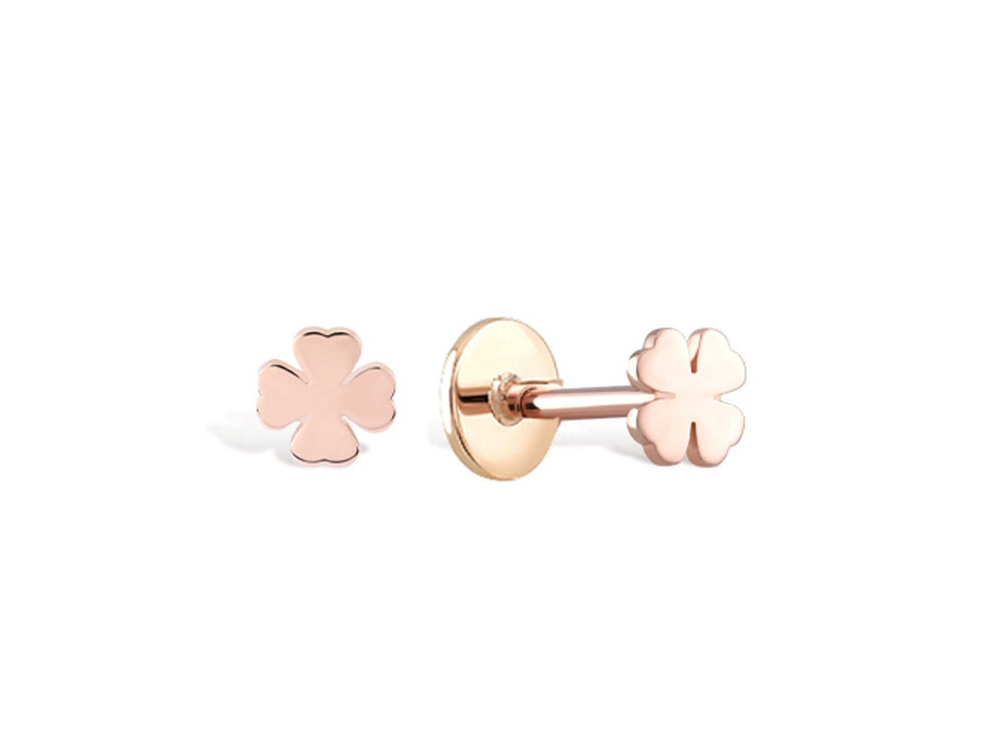 14K Rose Gold Clover Leaf Tragus Earrings, Labret Stud, Helix Cartilage Piercings - Internally Threading Body Jewellery Ear Piercing