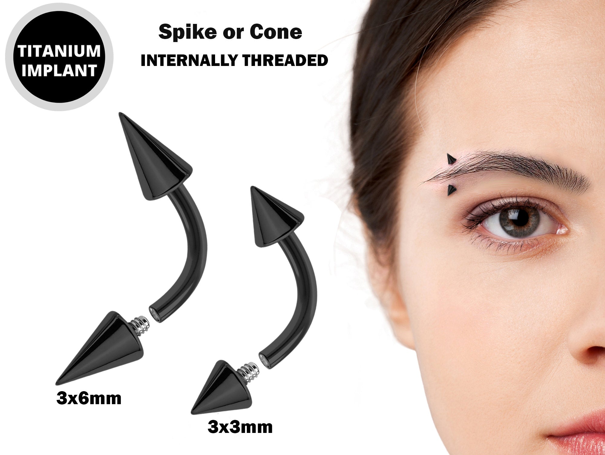 Black Spike Eyebrow Piercings - Titanium Curved Barbell Spikes / Cone 14G 16G Eyebrow Jewelry Piercing - Internal Threaded