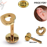 14K Gold Heart Shape Tragus Earring, Cartilage Labret Studs- Internally Threading Body Jewellery Ear Piercing