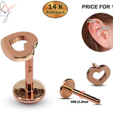 14K Rose Gold Heart Tragus Piercing, Ear Jewelry, Labret Studs - Internally Threading Body Jewellery Ear Piercing