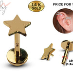 14K Gold Star Shape Tragus Earring, Cartilage Labret Studs- Internally Threading Body Jewellery Ear Piercing