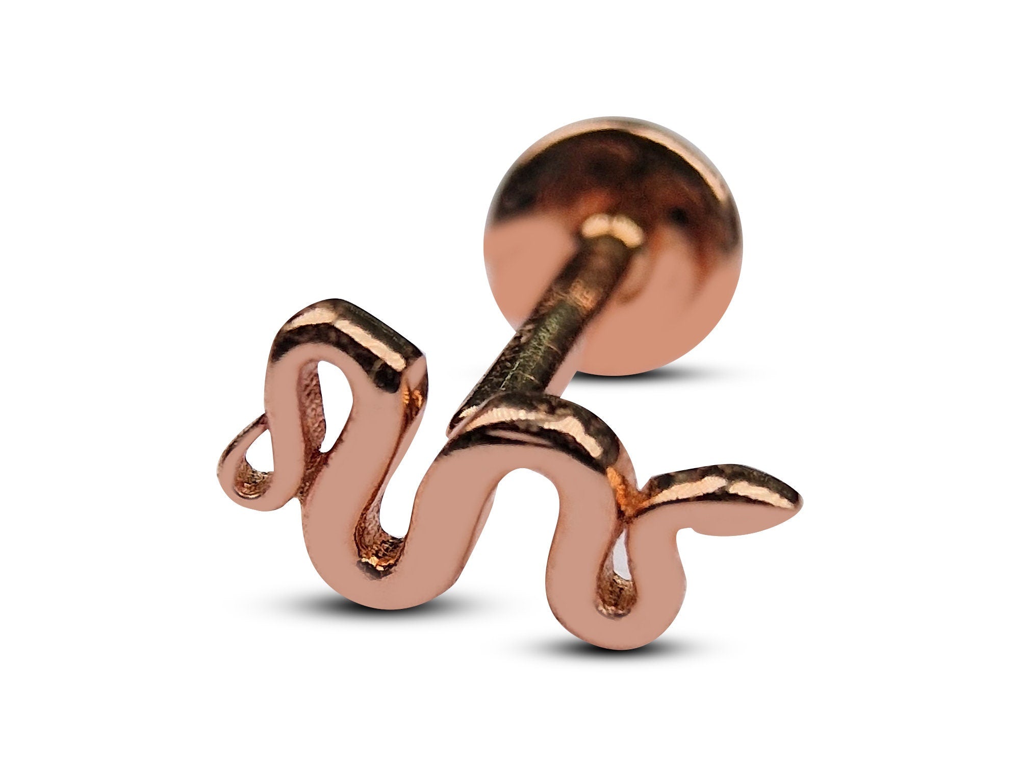 14K Rose Gold Snake Labret Stud Tragus Earrings, Cartilage Piercing - 16G Internally Threading Body Jewellery Ear Piercing