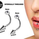 Spike Vertical Labret Stud Lip Piercings - Internally Threaded Titanium Spikes / Cone 16g 14g Curved Barbell Piercing for Lip Jewelry