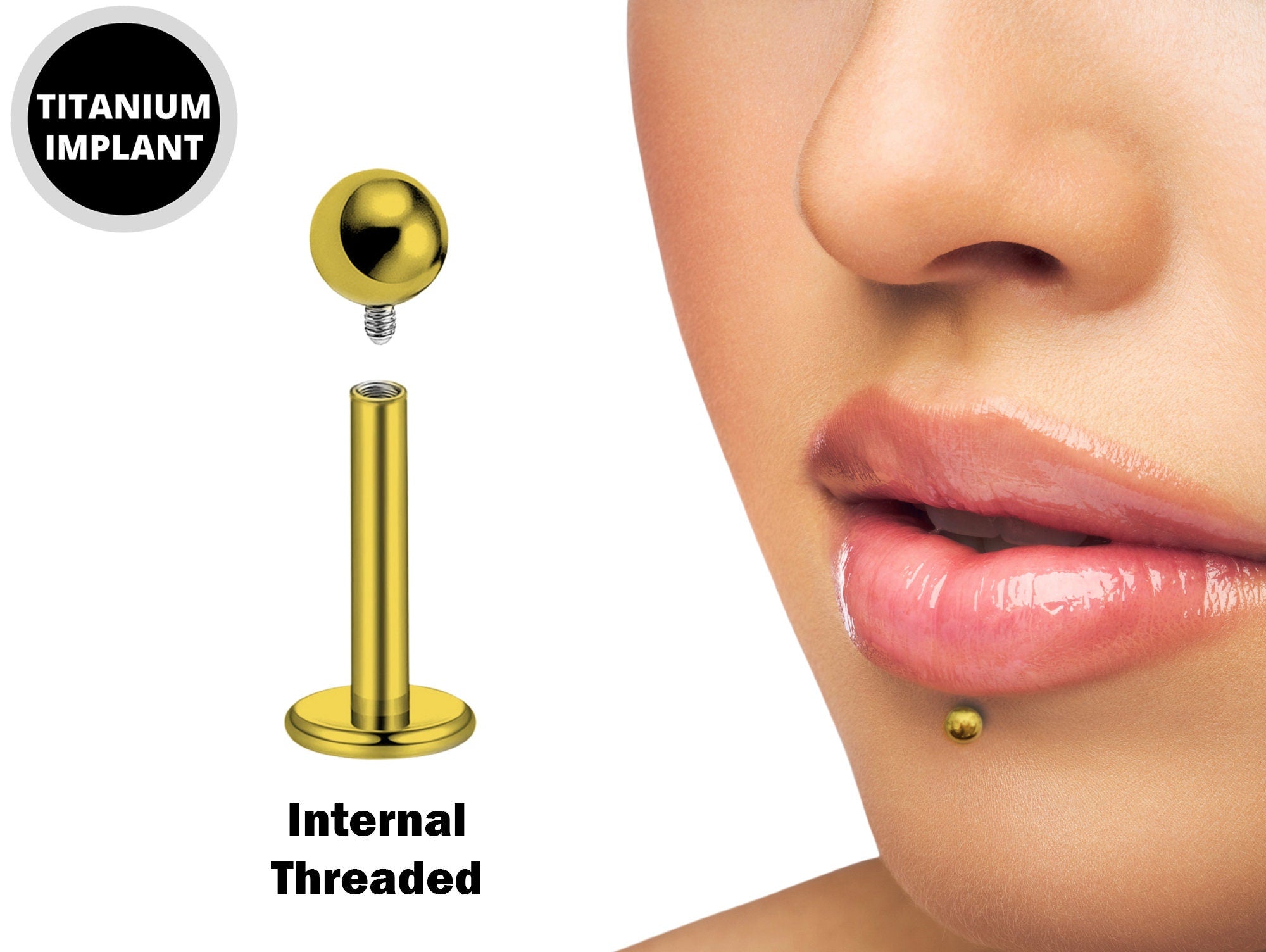 Titanium Gold Labret Stud Piercing 18g 16g 14g Lip Piercing External or Internally Threaded for Tragus Helix Cartilage Madonna Medusa Labret