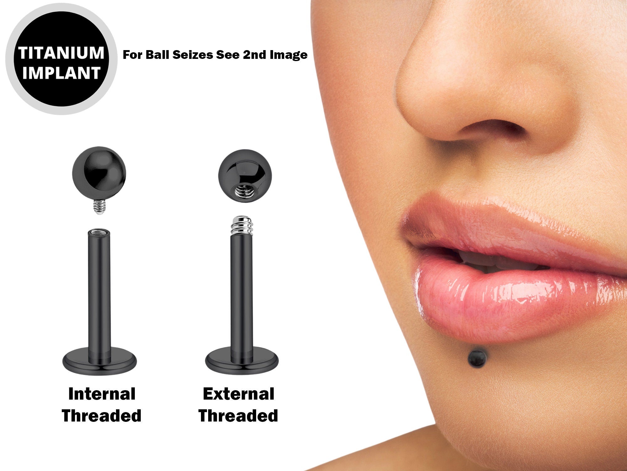 Titanium Black Labret Stud Piercing 18g 16g 14g Lip Piercing External or Internally Threaded for Tragus Helix Cartilage, Medusa Labret