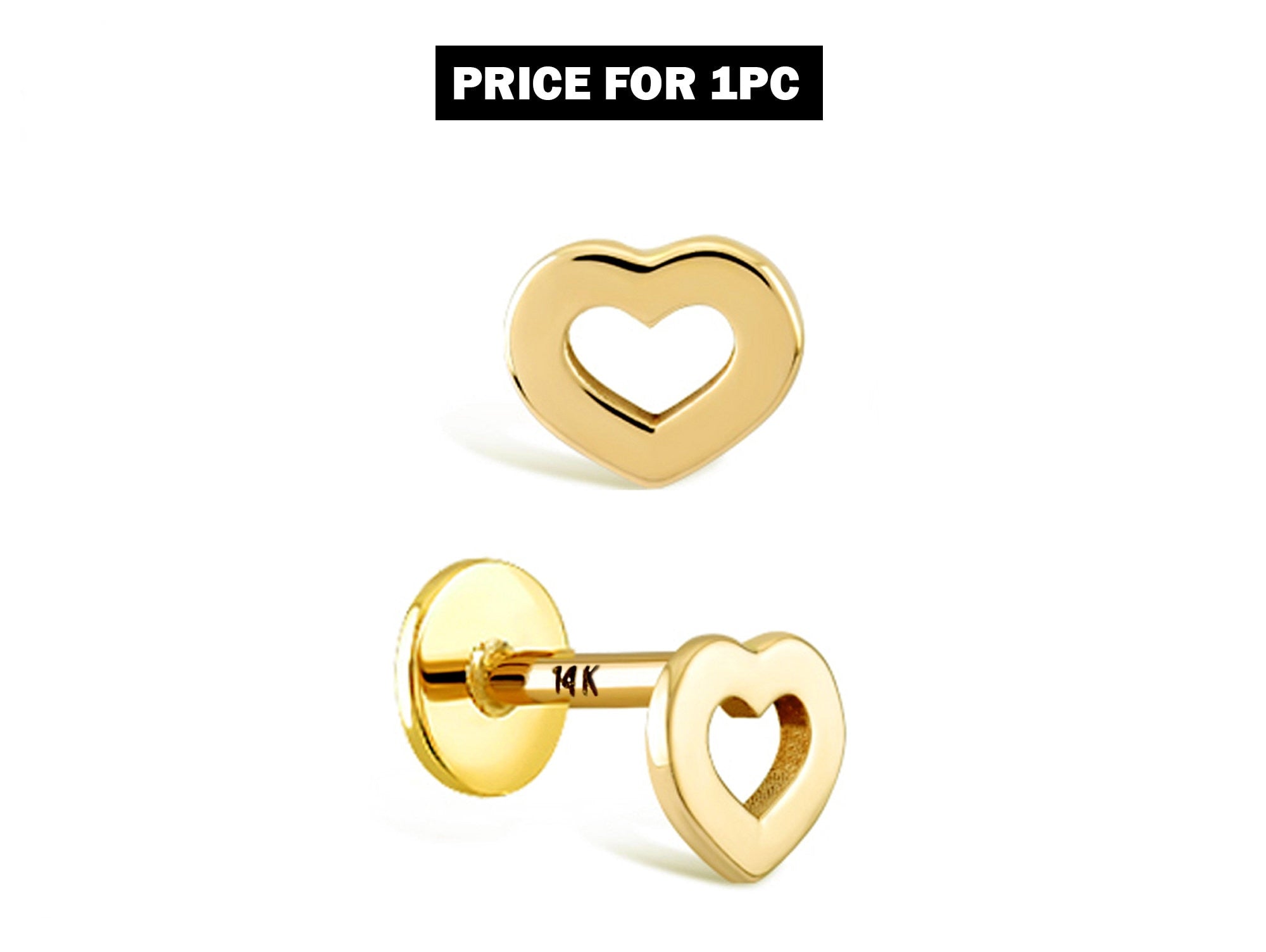 16G Heart Labret Lip Piercing made from solid 14K Gold and Rose Gold Body Piercing for Tragus, Medusa Lip, Ashley studs Internally Threaded