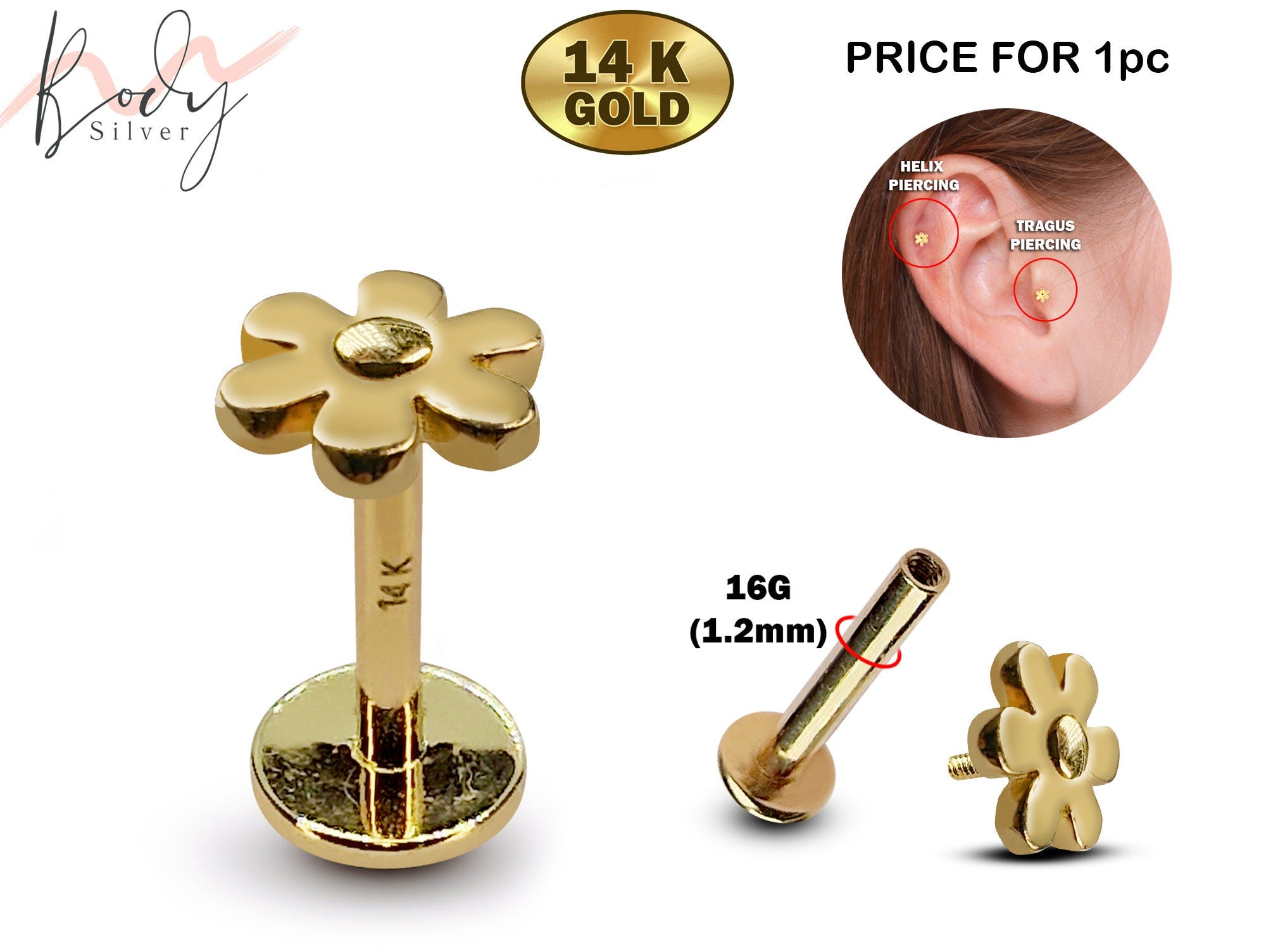 14K Gold Flower Tragus Earring, Cartilage Piercing Labret Studs- Internally Threading Body Jewellery Ear Piercing