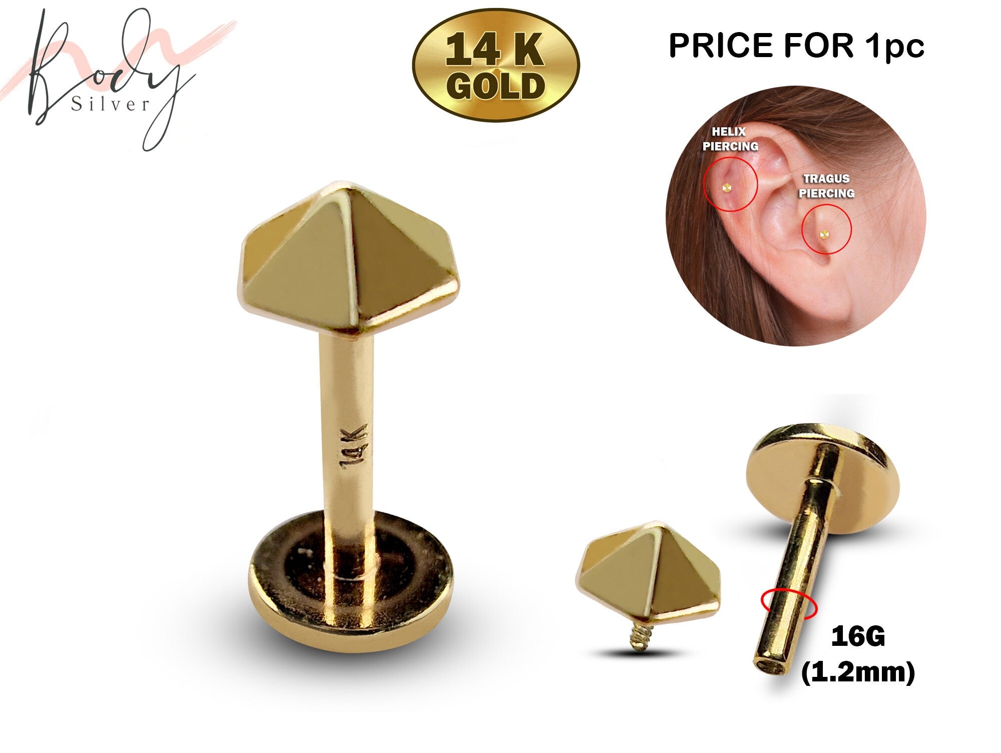 14K Gold Umbrella Top Tragus Earring, Cartilage Labret Stud Piercing - Internally Threading Body Jewellery Ear Piercing