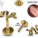 14K Gold Snake Tragus Cartilage Piercing, Labret Stud, Lip Ring - 16G Internally Threading Body Jewellery Ear Piercing