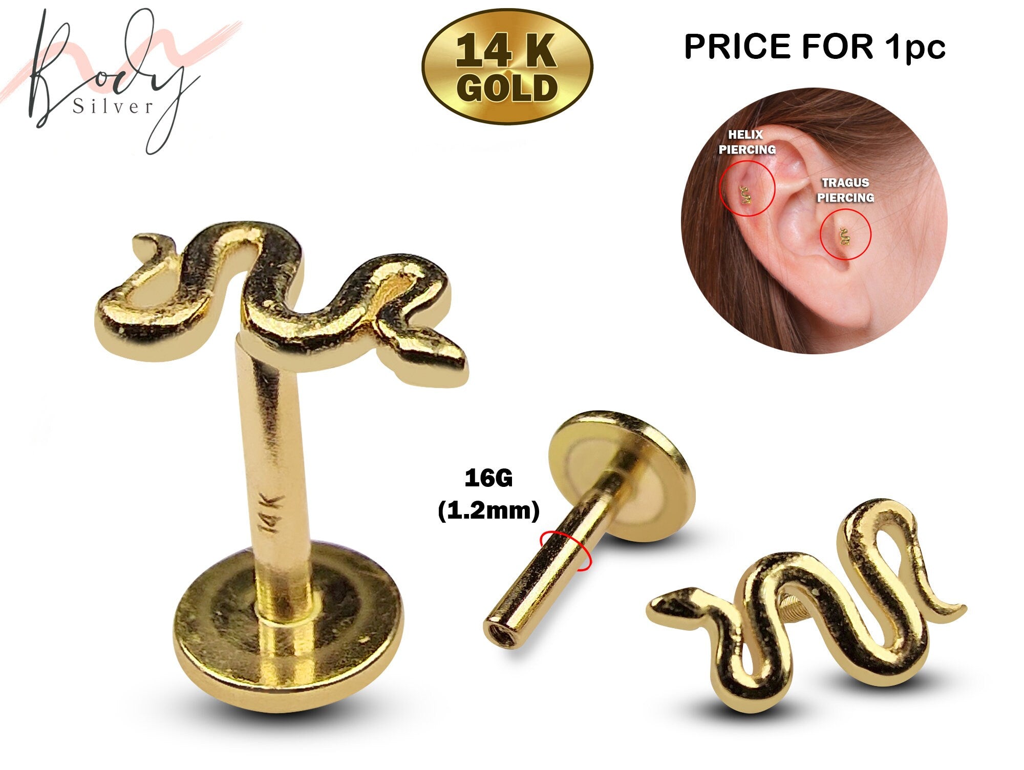 14K Gold Snake Tragus Cartilage Piercing, Labret Stud, Lip Ring - 16G Internally Threading Body Jewellery Ear Piercing