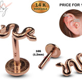 14K Rose Gold Snake Labret Stud Tragus Earrings, Cartilage Piercing - 16G Internally Threading Body Jewellery Ear Piercing