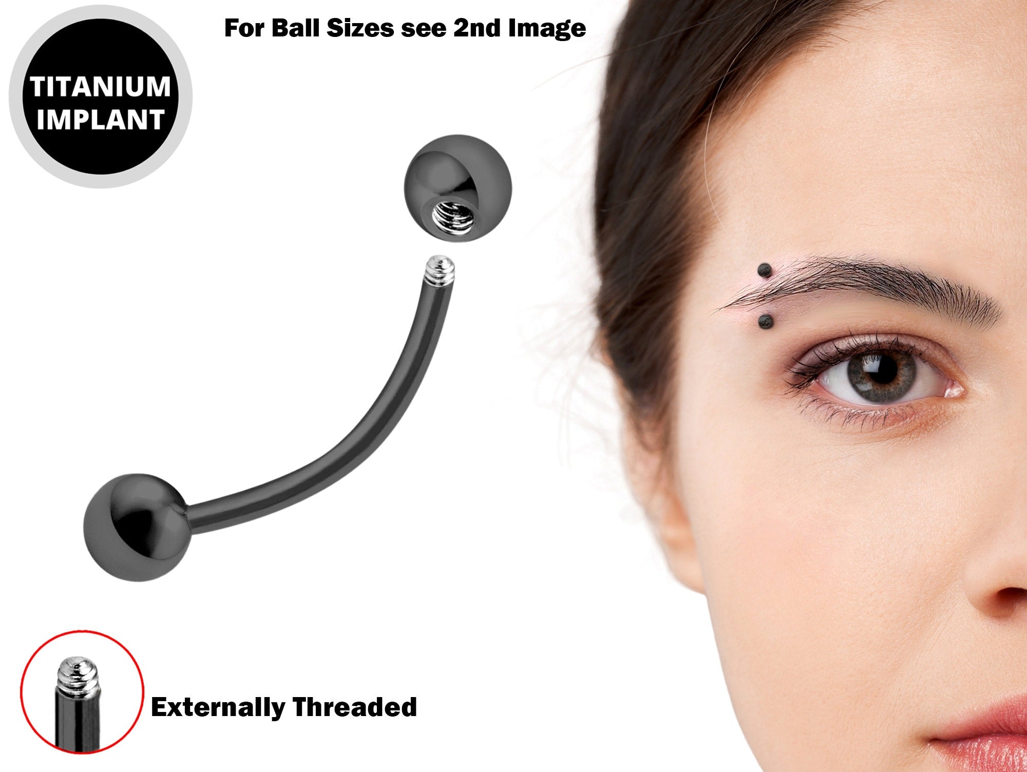 Titanium Black Eyebrow Piercings - External / Internal Threading 18g 16g 14g Curved Bar Also Piercing Stud for Anti- Eyebrow, Cartilage Stud