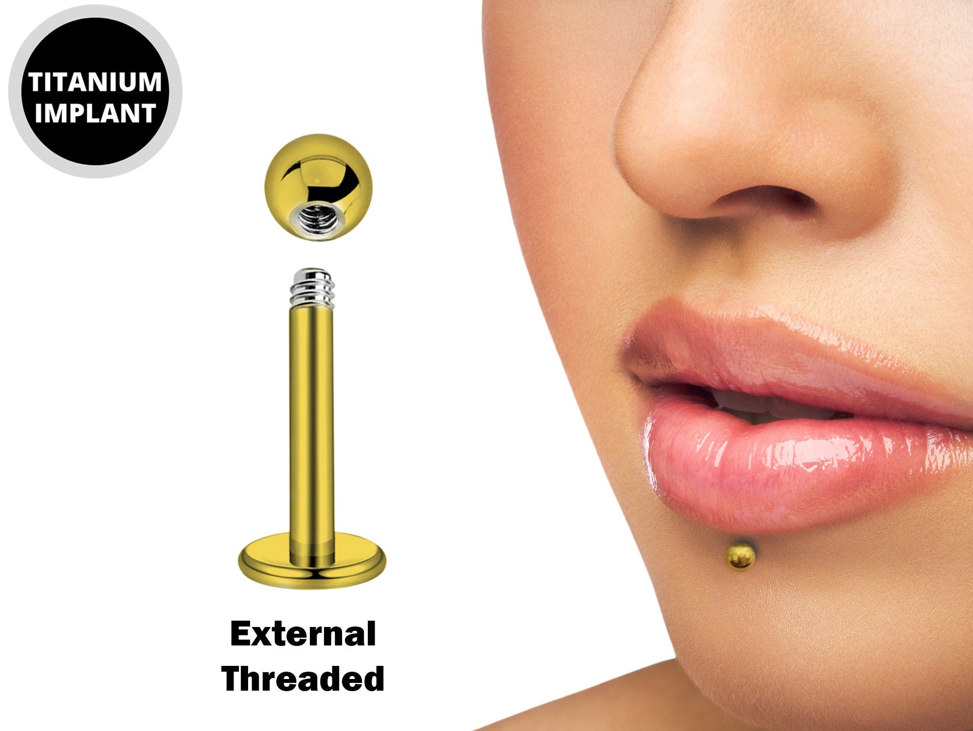 Titanium Gold Labret Stud Piercing 18g 16g 14g Lip Piercing External or Internally Threaded for Tragus Helix Cartilage Madonna Medusa Labret