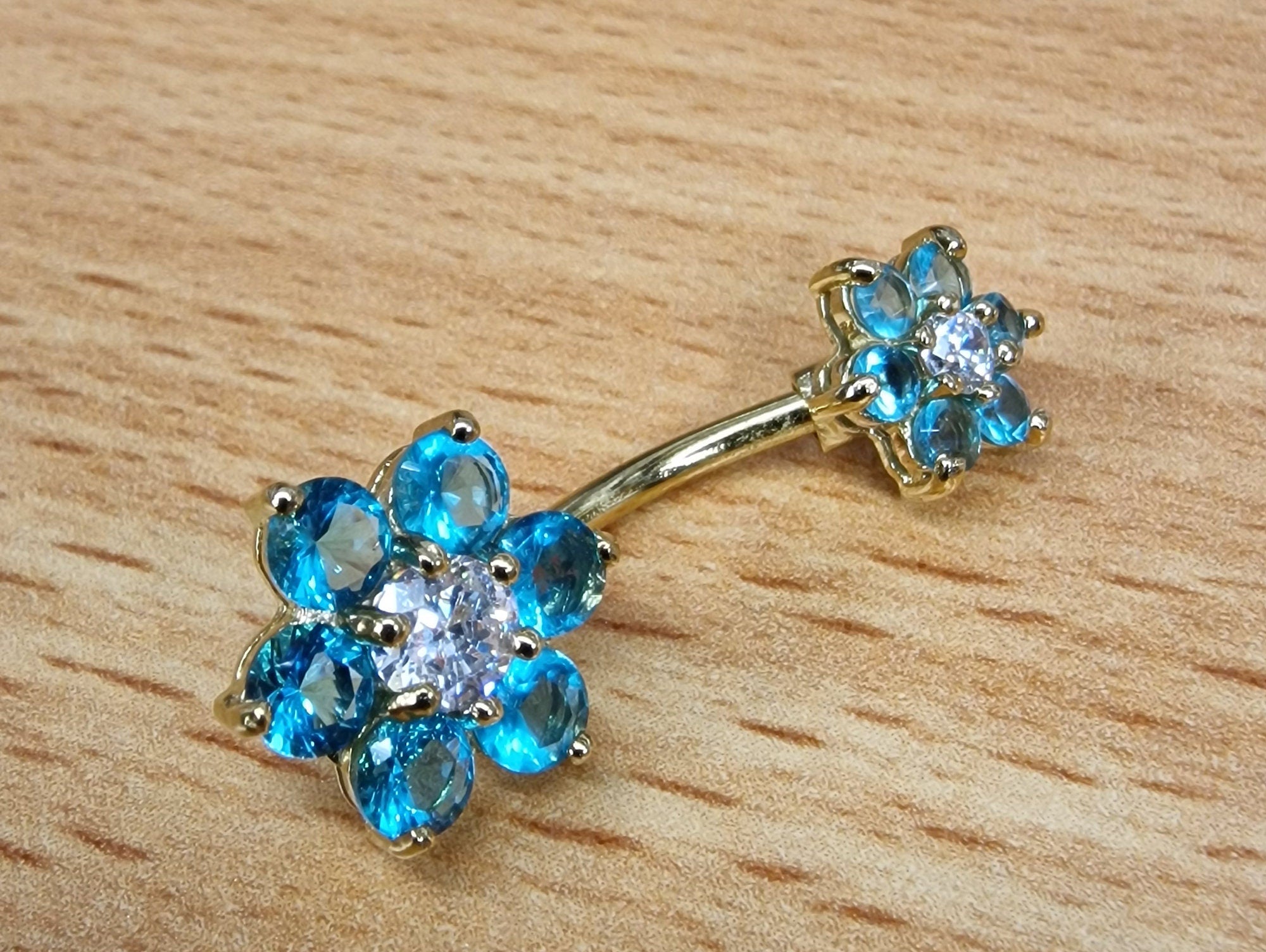 Double Flower Belly Ring, Navel Ring - Silver Gold Plated Belly Bar Crystal Body Jewellery - 14G - Length is 10mm