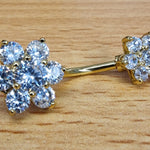Double Flower Belly Ring, Navel Ring - Silver Gold Plated Belly Bar Crystal Body Jewellery - 14G - Length is 10mm