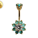 Sun Flower Belly Button Ring, Navel Ring - Silver Gold Plated Belly Bar Crystal Body Jewellery - 14G - Length is 10mm