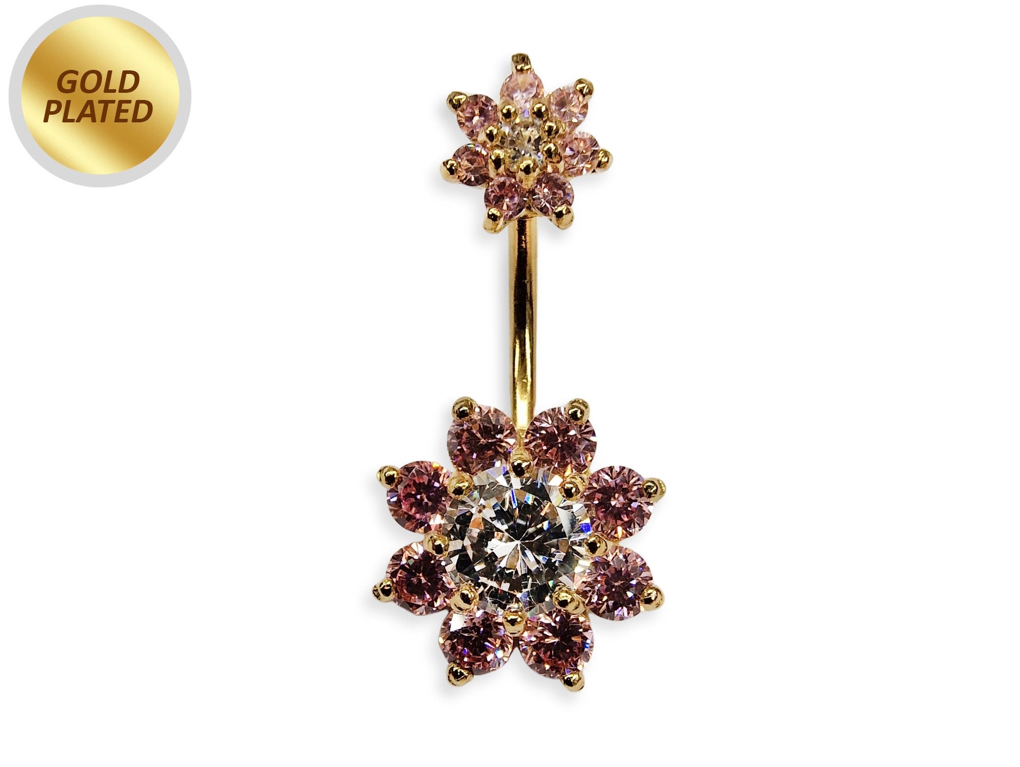 Double Flower Belly Button Ring, Silver Belly Bar with CZ Crystals - Gold Plating - 14G Length is 10mm