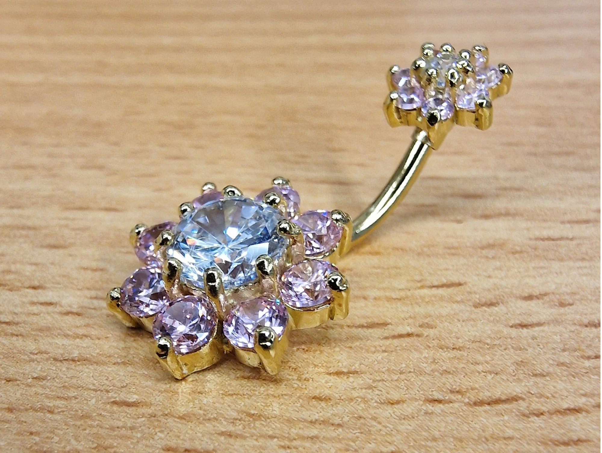 Double Flower Belly Button Ring, Silver Belly Bar with CZ Crystals - Gold Plating - 14G Length is 10mm