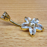 Flower Silver Belly Button Ring, Belly Piercing Curved Barbell in Gold Plating - 14G Length is 10mm