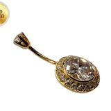 Oval Shape Silver Belly Button Ring, Crystal Belly Piercing Curved Barbell in Gold Plating - 14G Length is 10mm