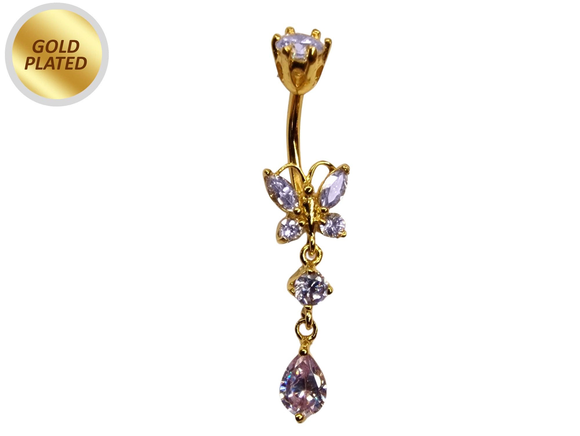 Gold Plated Butterfly Belly Ring, Silver Drop Dangle Belly Bars with CZ Crystals - 14G Length is 10mm