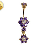 Gold Plated Double Flower Dangle Belly Button Ring, Silver Belly Bars with CZ Crystals - 14G Length is 10mm