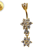 Gold Plated Double Flower Dangle Belly Button Ring, Silver Belly Bars with CZ Crystals - 14G Length is 10mm