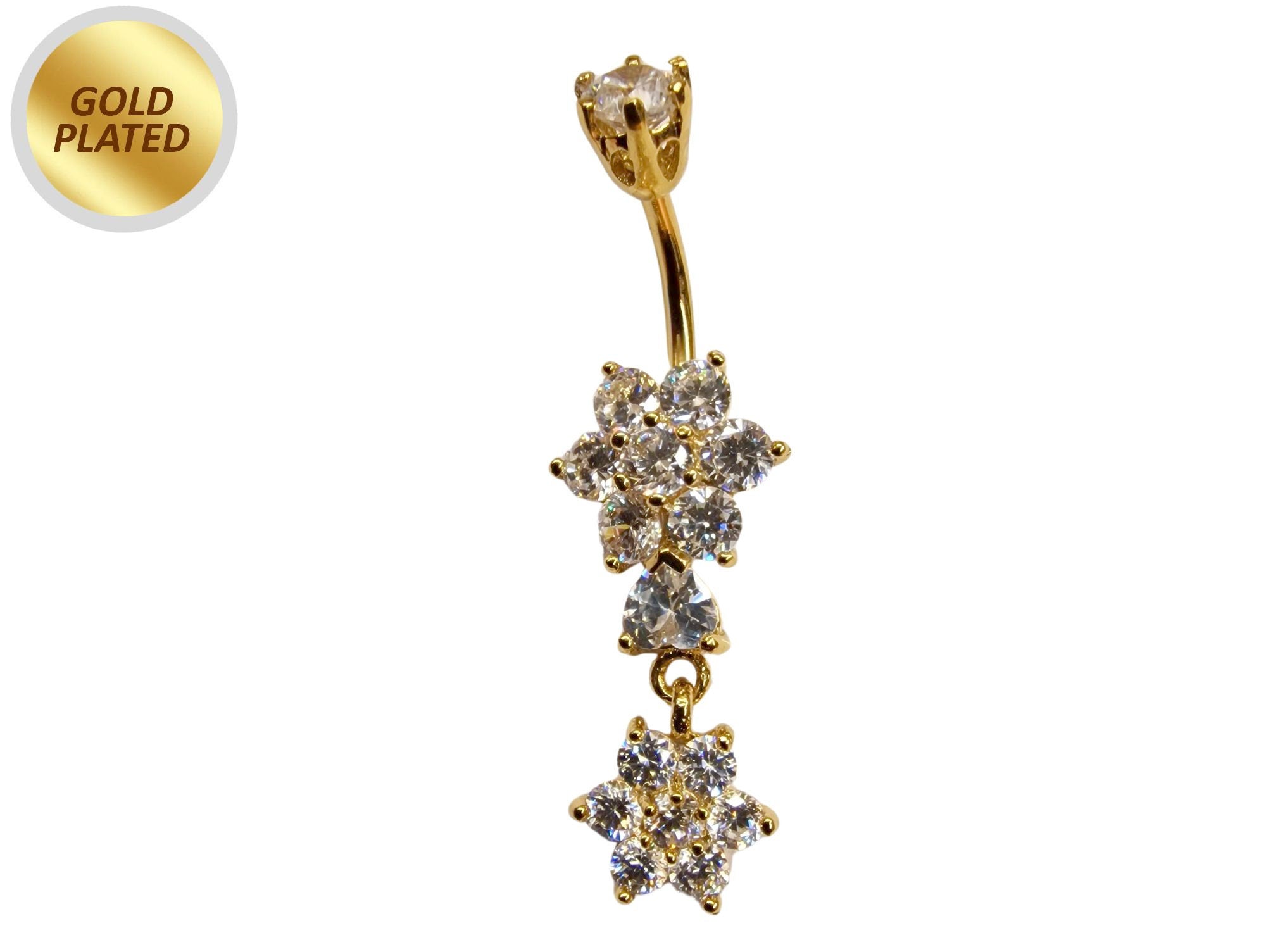 Gold Plated Double Flower Dangle Belly Button Ring, Silver Belly Bars with CZ Crystals - 14G Length is 10mm