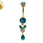 Gold Plated Butterfly Dangle Belly Button Ring, Silver Belly Bars with CZ Crystals - 14G (1.6mm)