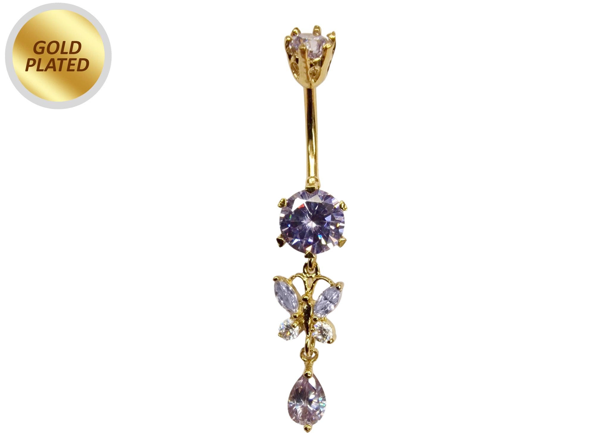 Gold Plated Butterfly Dangle Belly Button Ring, Silver Belly Bars with CZ Crystals - 14G (1.6mm)