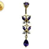 Double Butterfly Dangle Gold Plated Belly Bar, Belly Ring with Crystals - Beautiful Unique Design Navel Piercing - 14G length is 10mm