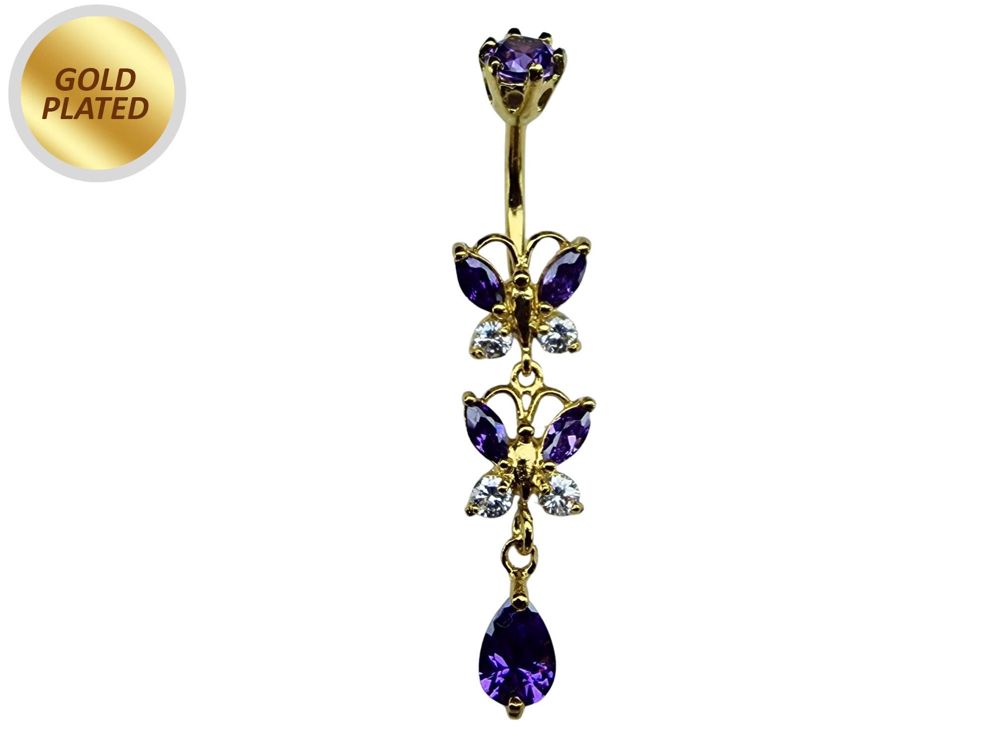 Double Butterfly Dangle Gold Plated Belly Bar, Belly Ring with Crystals - Beautiful Unique Design Navel Piercing - 14G length is 10mm