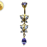 Double Butterfly Dangle Gold Plated Belly Bar, Belly Ring with Crystals - Beautiful Unique Design Navel Piercing - 14G length is 10mm