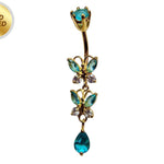 Double Butterfly Dangle Gold Plated Belly Bar, Belly Ring with Crystals - Beautiful Unique Design Navel Piercing - 14G length is 10mm