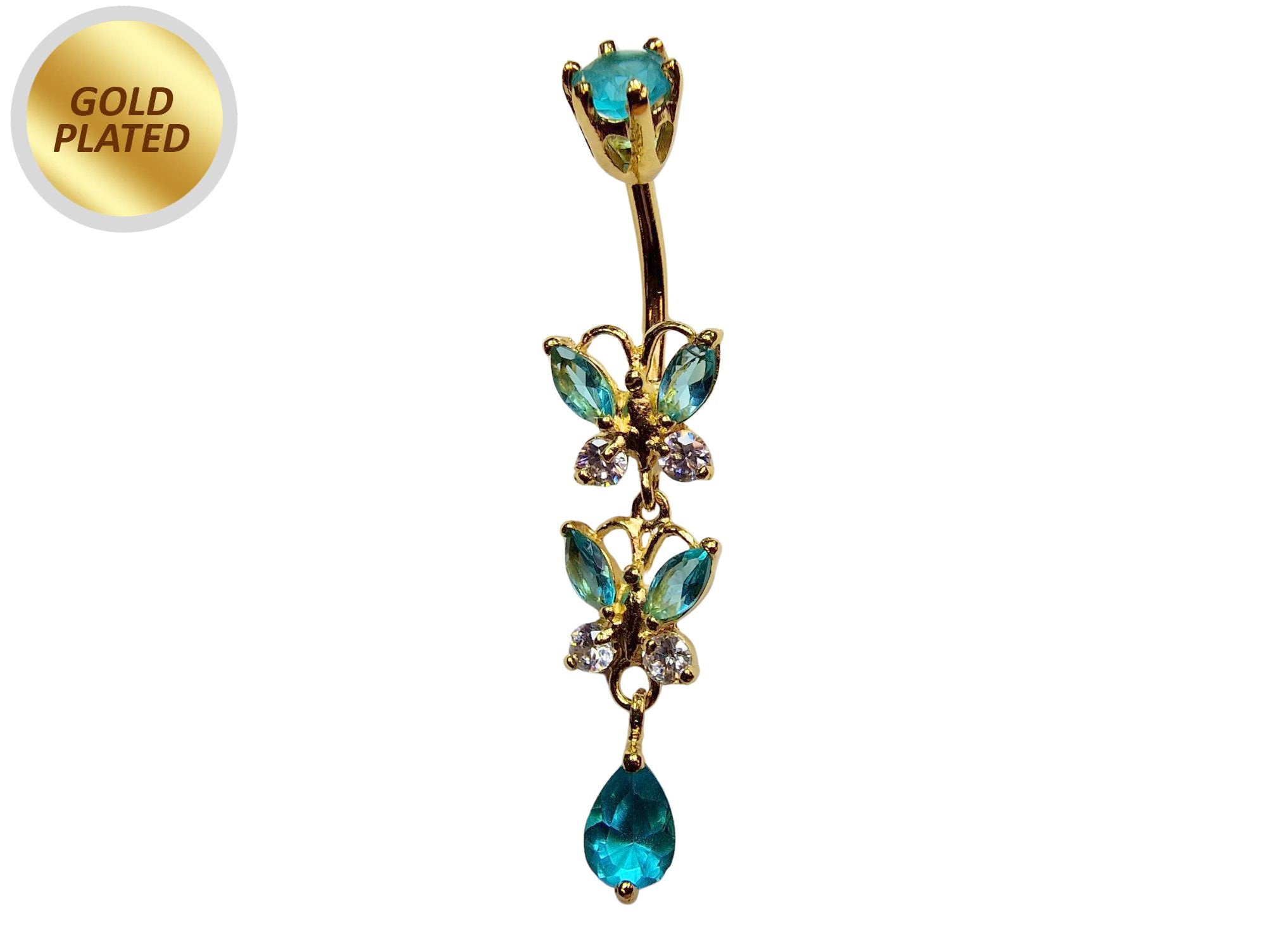 Double Butterfly Dangle Gold Plated Belly Bar, Belly Ring with Crystals - Beautiful Unique Design Navel Piercing - 14G length is 10mm