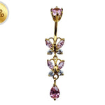 Double Butterfly Dangle Gold Plated Belly Bar, Belly Ring with Crystals - Beautiful Unique Design Navel Piercing - 14G length is 10mm