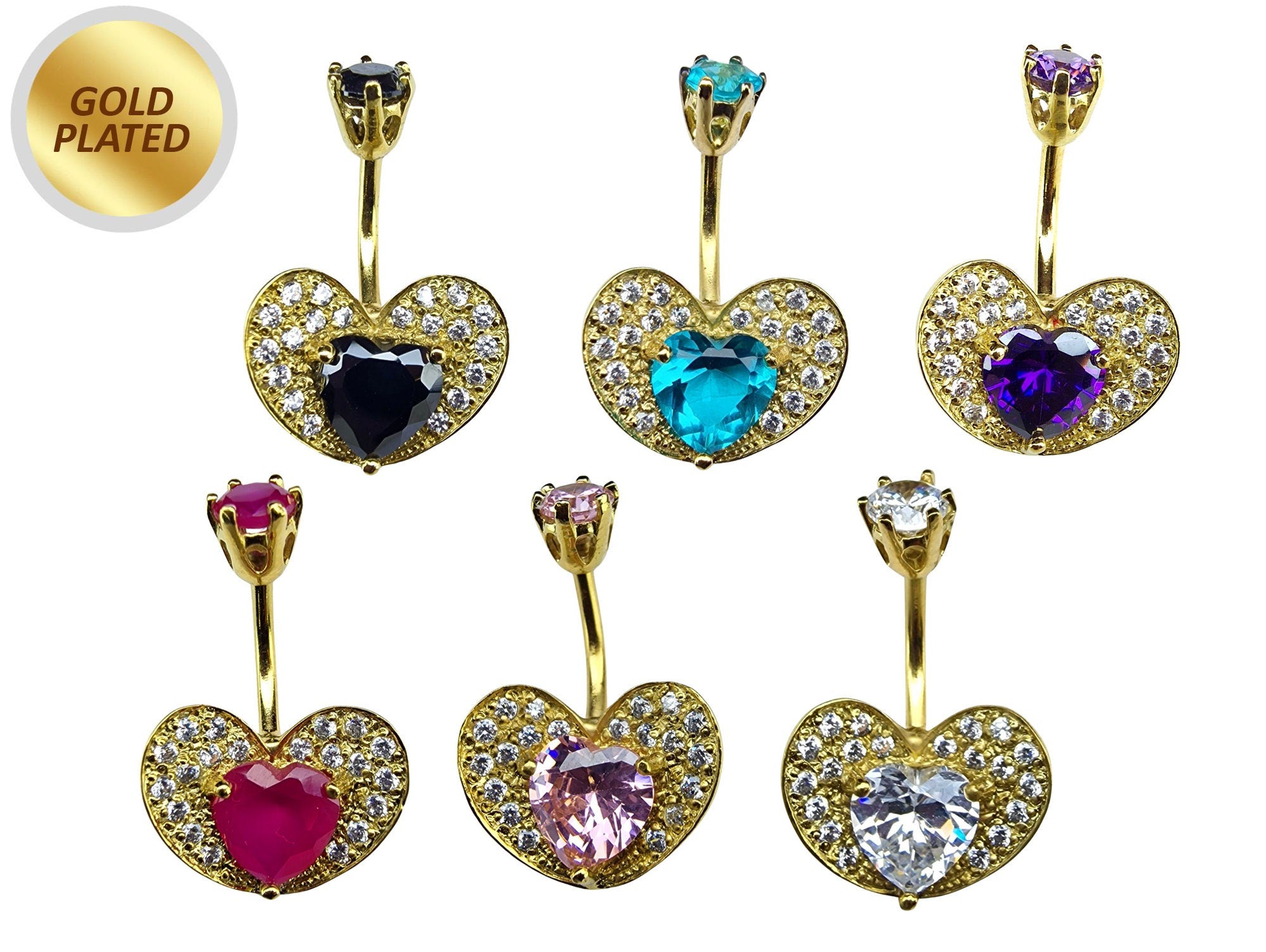 Heart Belly Ring Studded with CZ Crystals - Silver Belly Bar in Gold Plating - 14G Length is 10mm