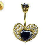 Heart Belly Ring Studded with CZ Crystals - Silver Belly Bar in Gold Plating - 14G Length is 10mm
