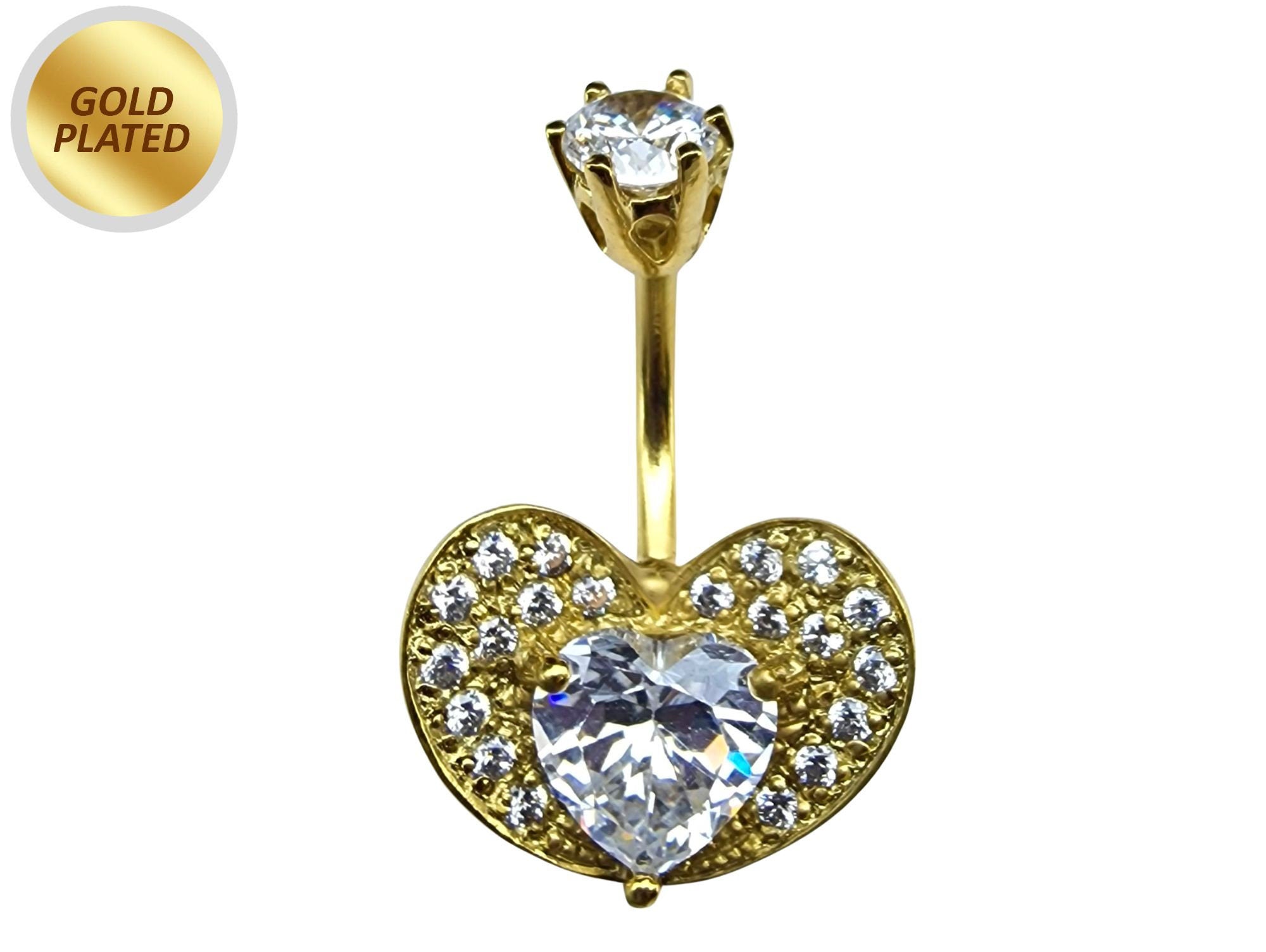 Heart Belly Ring Studded with CZ Crystals - Silver Belly Bar in Gold Plating - 14G Length is 10mm