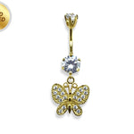 Belly Piercing, Belly Ring - Gold Plated Butterfly Dangle Belly Bar studded with CZ Crystals - 14G length is 10mm